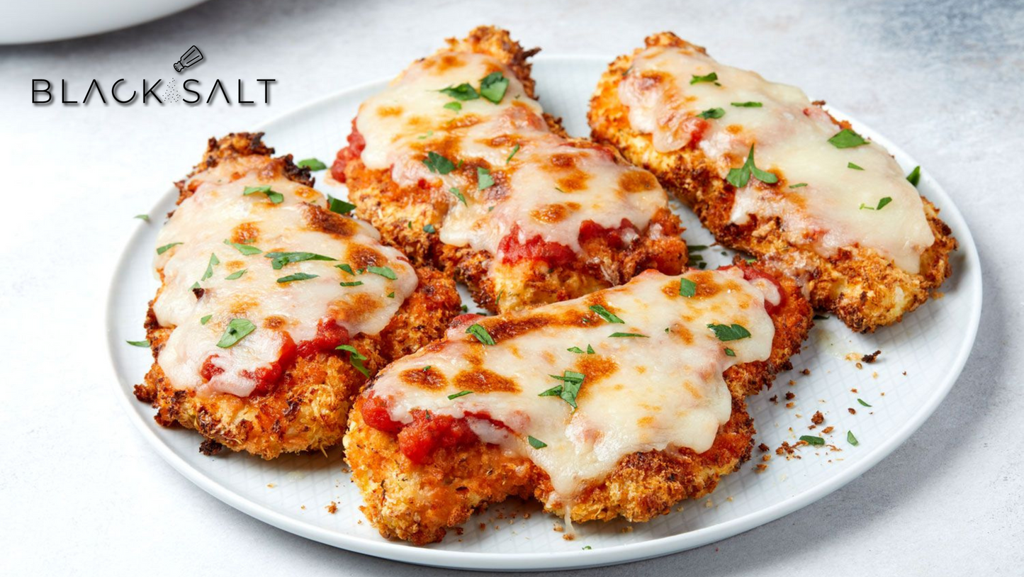 Chicken Parmesan, a classic Italian dish featuring breaded and fried chicken cutlets topped with tomato sauce, melted cheese, and served with pasta, offering a flavorful and comforting meal option.