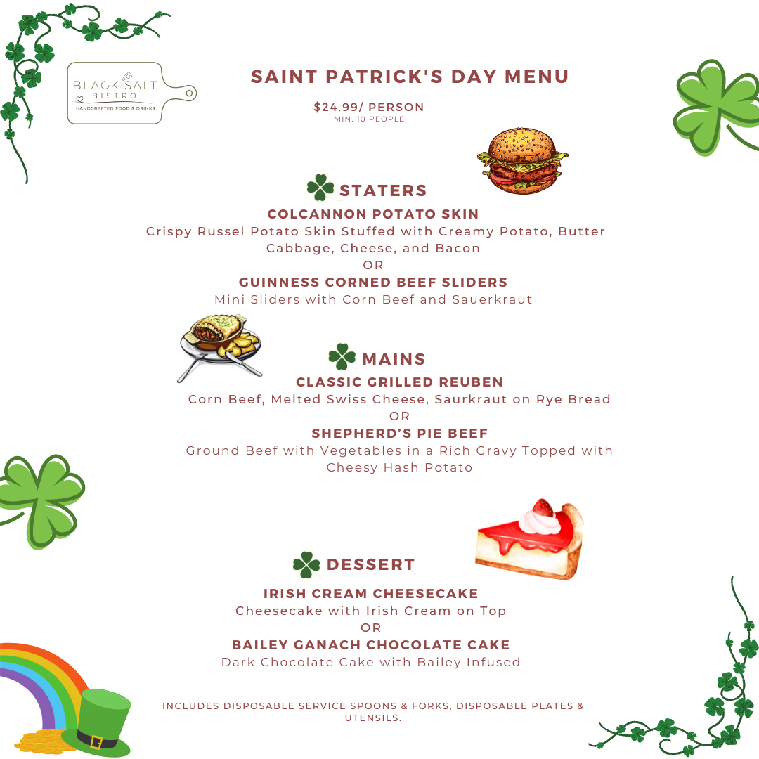 "Celebrate St. Patrick's Day in Style with BlackSalt Catering's Festive Menu 🍀 #IrishCheers #GreenEats"