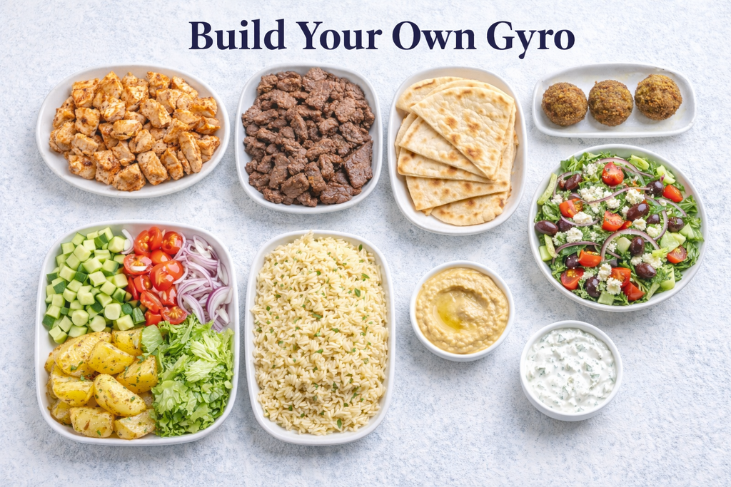 Prepared ingredients for building a gyro on a light gray background with text 'Build Your Own Gyro'.