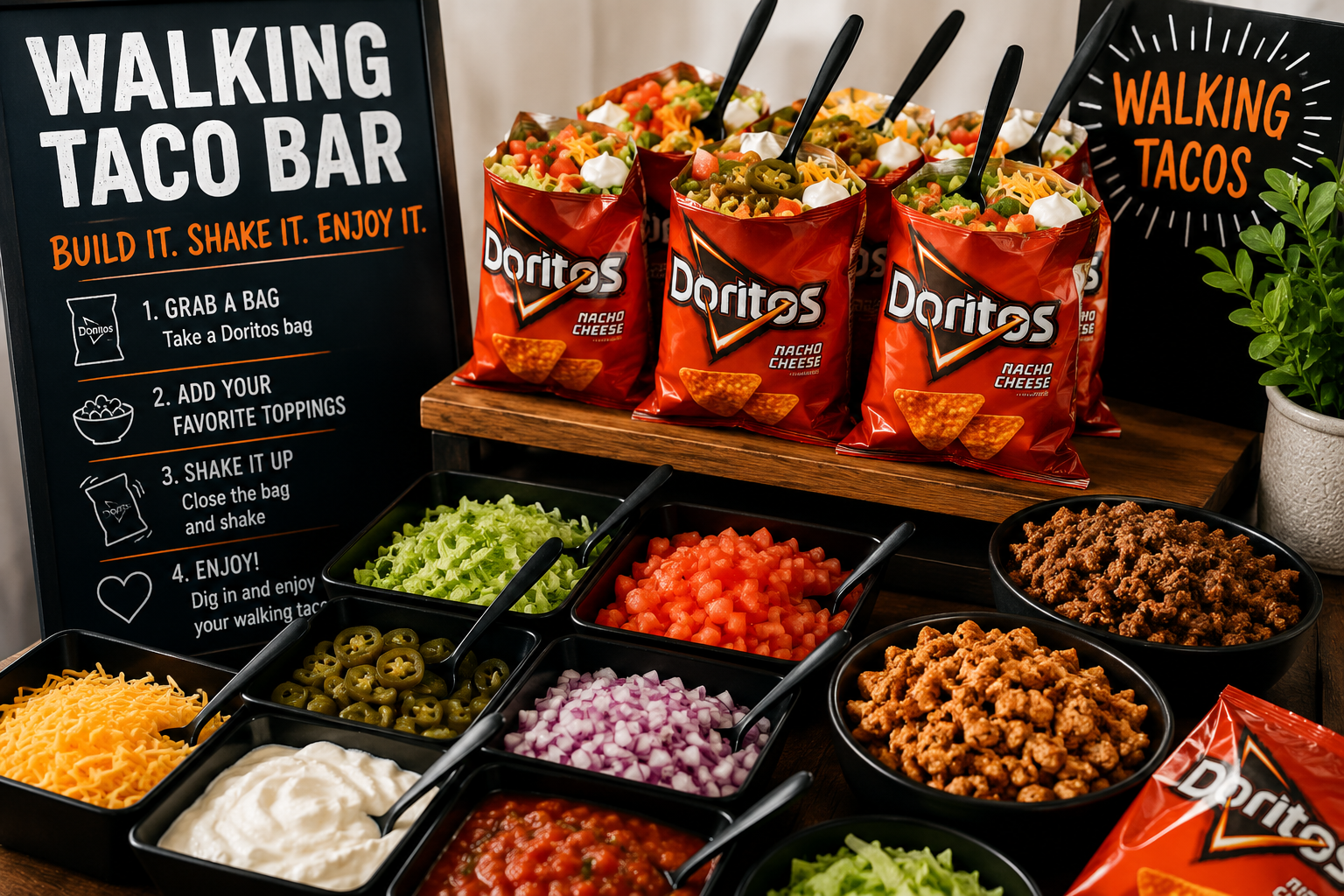 Walking Taco Bar catering with Doritos, seasoned beef, taco chicken, fresh toppings, and salsa by BlackSalt Catering in Calgary.
