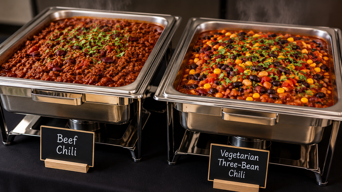 Beef chili and vegetarian three-bean chili served in stainless-steel chafing dishes, a hearty gluten-free catering option.