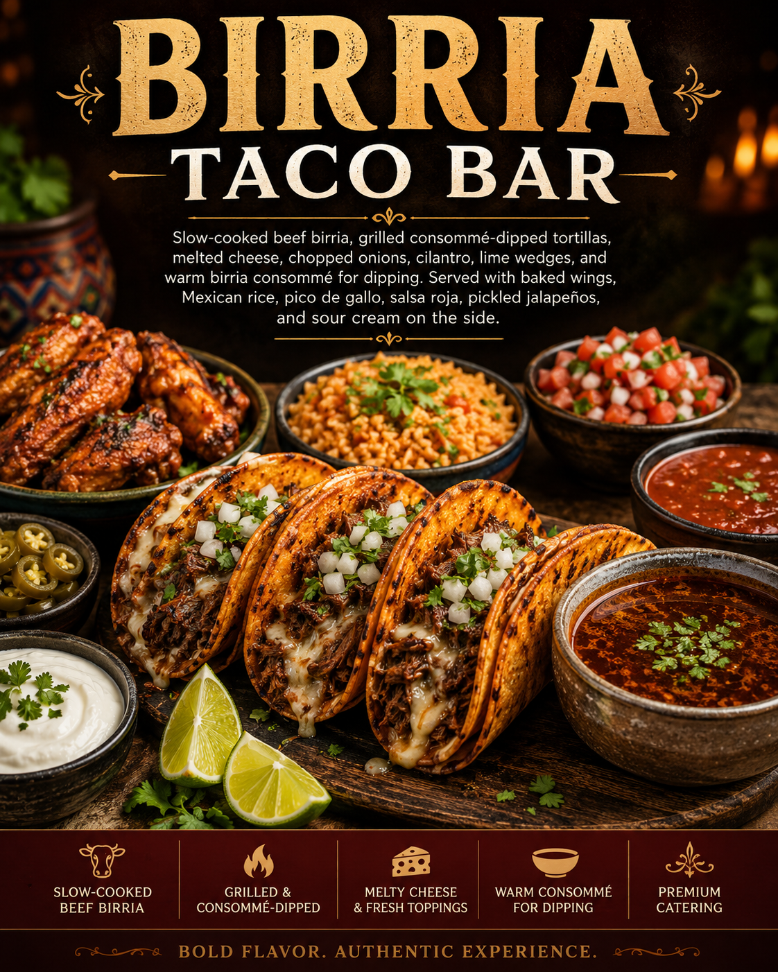 Birria Taco Bar with beef birria tacos, consommé, Mexican rice, baked wings, salsa, pico de gallo, jalapeños, and sour cream.
