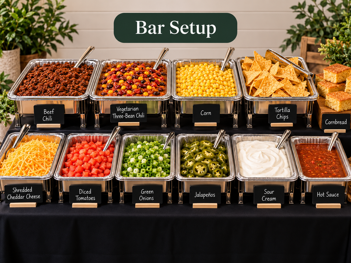 Chili bar catering setup with beef chili, vegetarian three-bean chili, shredded cheddar, sour cream, green onions, diced tomatoes, jalapeños, corn, tortilla chips, cornbread, and hot sauce.
