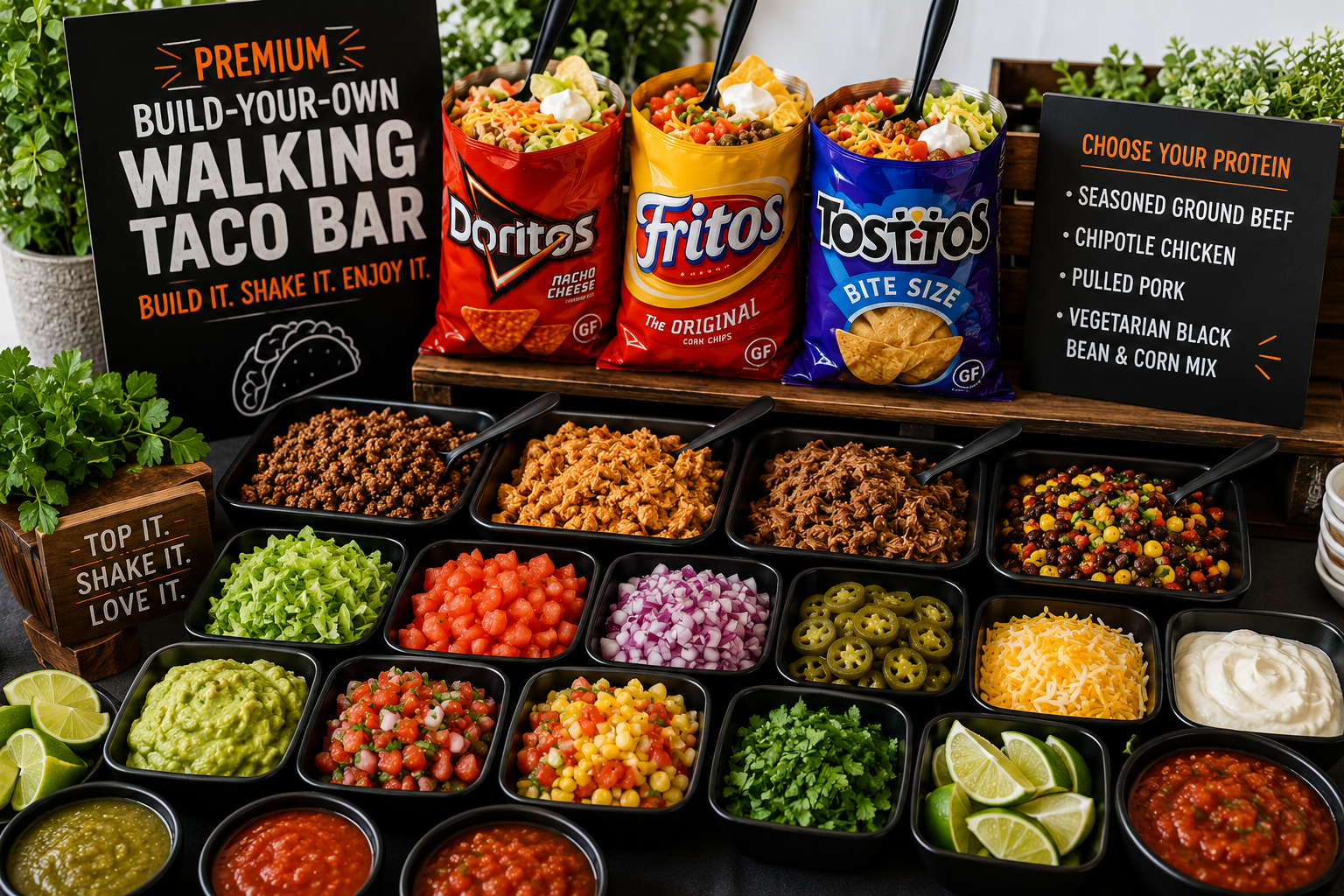 Premium Walking Taco Bar catering with Doritos, Fritos, Tostitos, beef, chicken, pulled pork, fresh toppings, and salsa by BlackSalt Catering Calgary.