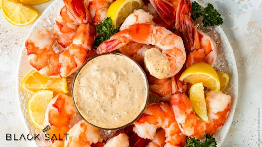 Jumbo Prawns with Remoulade, succulent and plump jumbo prawns served with a tangy and flavorful remoulade sauce, offering a delightful combination of flavors and textures for a seafood appetizer or main dish.