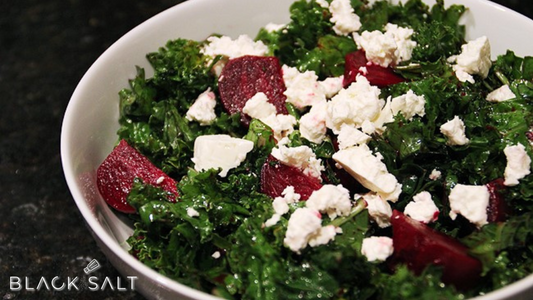 Roasted Beet & Kale Salad, a vibrant and nutritious salad featuring roasted beets, fresh kale, goat cheese, and a tangy vinaigrette dressing, offering a delightful combination of flavors and textures.