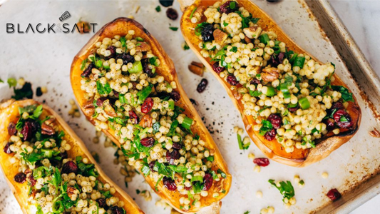 Stuffed Seasonal Squash, seasonal squash varieties, such as acorn, butternut, or delicata, hollowed out and filled with a flavorful mixture, such as rice, vegetables, and spices, offering a delicious and visually appealing dish.