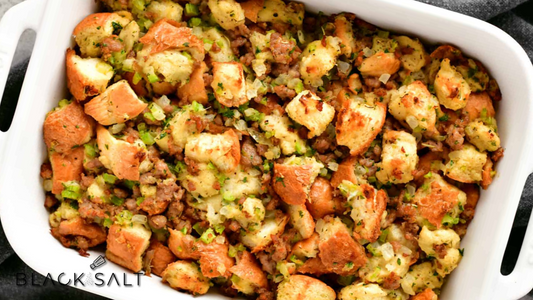 Stuffing, a savory and aromatic side dish made with bread, herbs, vegetables, and seasonings, often baked inside a turkey or served separately, offering a traditional and comforting accompaniment to holiday meals.
