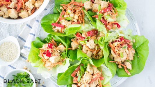 Thai Chicken Lettuce Wraps, flavorful and vibrant lettuce wraps filled with seasoned ground chicken, fresh herbs, vegetables, and a tangy sauce, offering a light and refreshing option for a tasty and healthy meal.